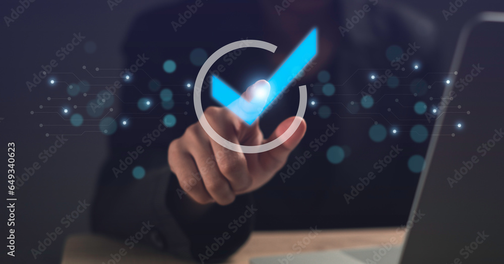 Standard quality control service guarantee concept. Business process automation, quality assurance management, certification, digital transformation. Virtual checked icon and businessman touching it. Standard quality control service guarantee concept. Business process automation, quality assurance management, certification, digital transformation. Virtual checked icon and businessman touching it.