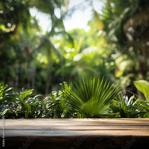 Table top wood counter floor podium in nature outdoors tropical forest garden blurred green jungle plant background, ai technology