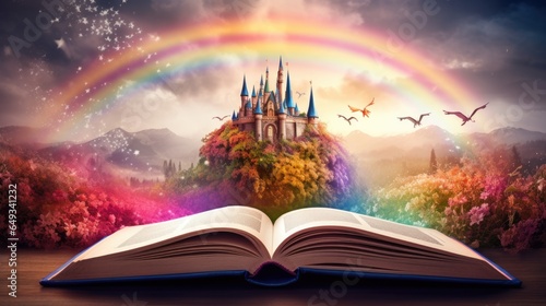Magic fantasy castle on top of opened book with rainbow and flying birds