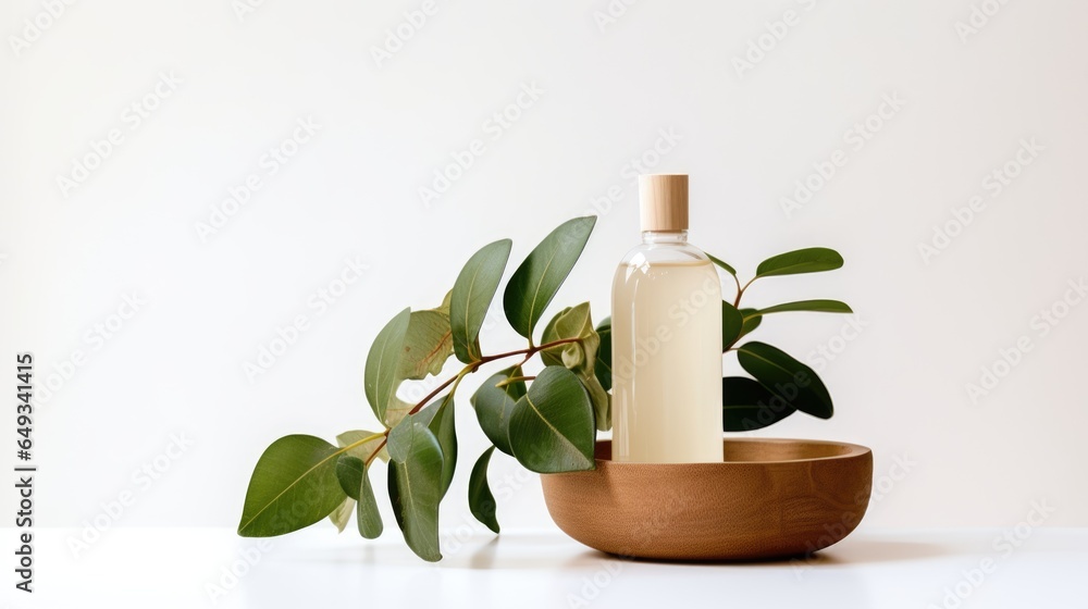 Bottle of cosmetic product with eucalyptus leaves on white background