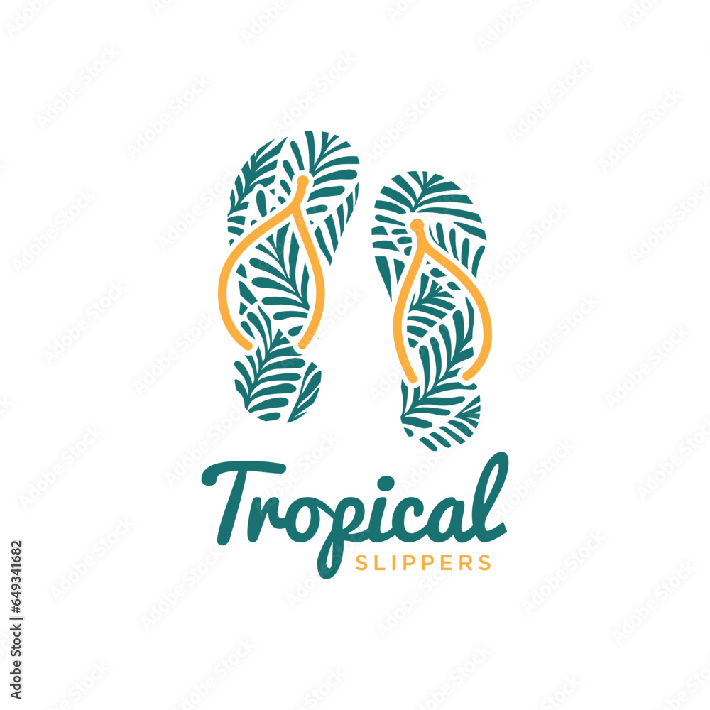 Obraz premium Set of slippers or flip flops with tropical and summer pattern, beach slippers