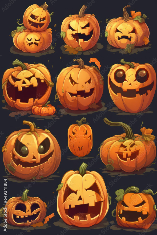 Group of cartoon pumpkins for halloween. Generative AI. Group of cartoon pumpkins for halloween. Generative AI.