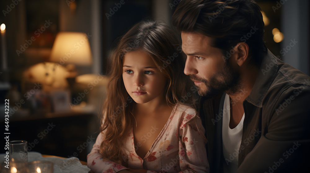 Cute little girl and her handsome young dad are looking at each other and smiling while spending time together at home Cute little girl and her handsome young dad are looking at each other and smiling while spending time together at home