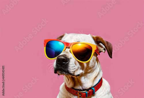 Creative animal concept image. Dog wearing sunglasses isolated on solid color pastel background, commercial photography, advertising photography, surrealistic photography © LeoOrigami