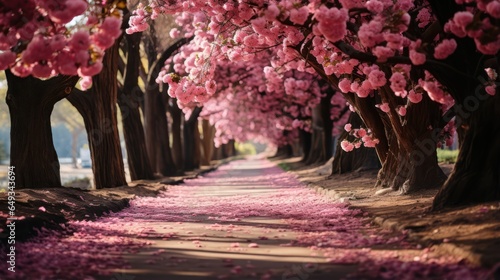 cherry blossoms line road with a lot of pink leaves, apring, generative ai