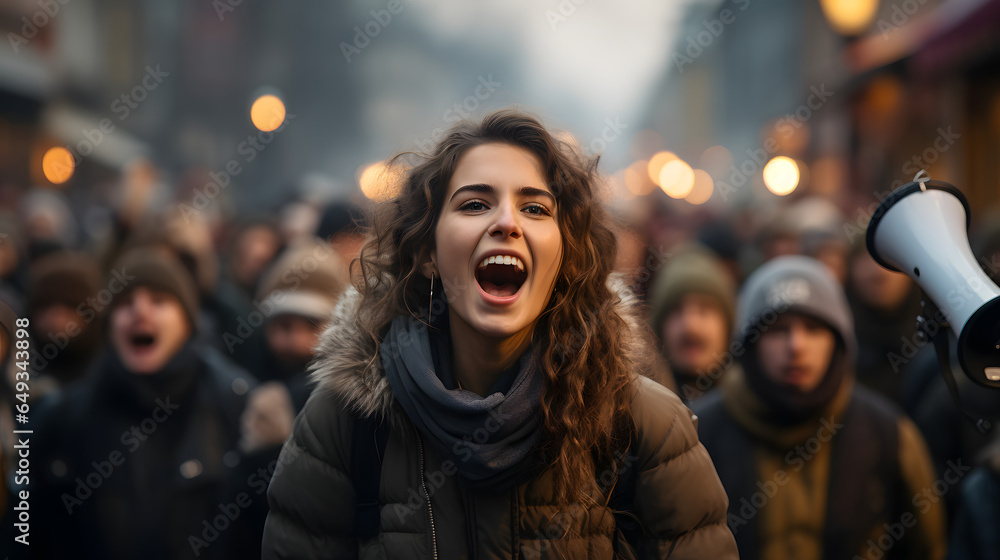 Female activist angry shouting for her cause among people demonstration protester as wide banner with copy space area Female activist angry shouting for her cause among people demonstration protester as wide banner with copy space area