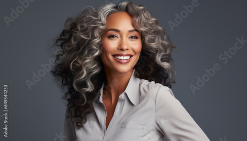Primer plano de un retrato de mujer sonriente de mediana edad. Maravillosa mujer adulta de 50 años de pelo gris y piel lisa y suave.Ia generada. photo