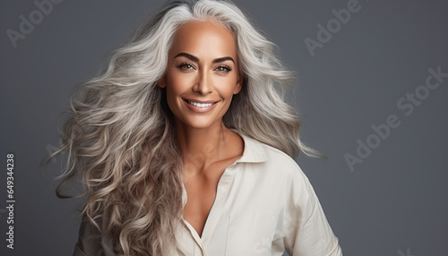 Primer plano de un retrato de mujer sonriente de mediana edad. Maravillosa mujer adulta de 50 años de pelo gris y piel lisa y suave.Ia generada. photo