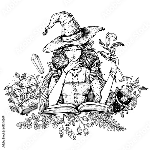 A young witch is reading a book of spells. Halloween witch illustration. Hand drawn sketch. Halloween witch illustration. Hand drawn vector illustration. Halloween young witch.