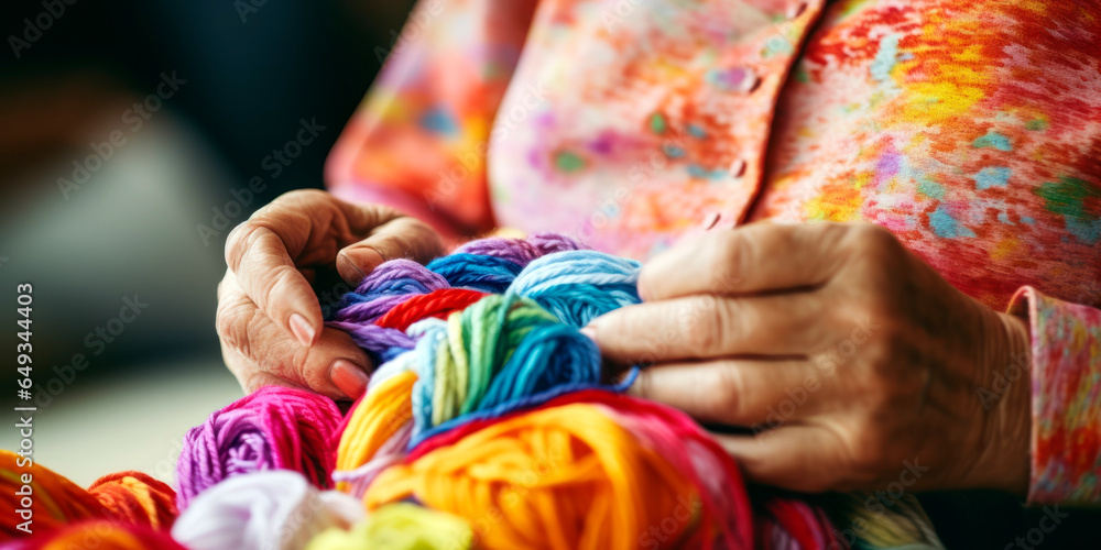 An elderly woman with vibrant colored yarn in her lap, knitting with a warm and loving expression with a cozy room in the background.