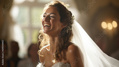 a young bride at her summer wedding, expressing genuine emotion. Her face radiates happiness and gratitude, capturing an authentic moment.