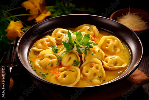 cappelletti in brodo. Traditional italian soup on wooden table