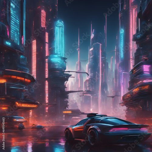 Cyberpunk cityscape with towering skyscrapers  neon signs  and cars.