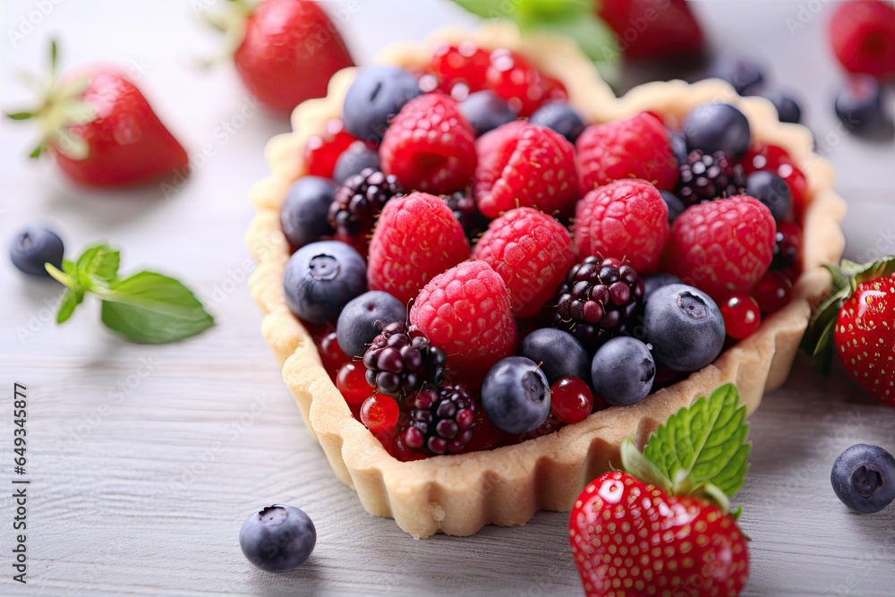 Cake in a shape of heart, cake with berries, top view Cake in a shape of heart, cake with berries, top view