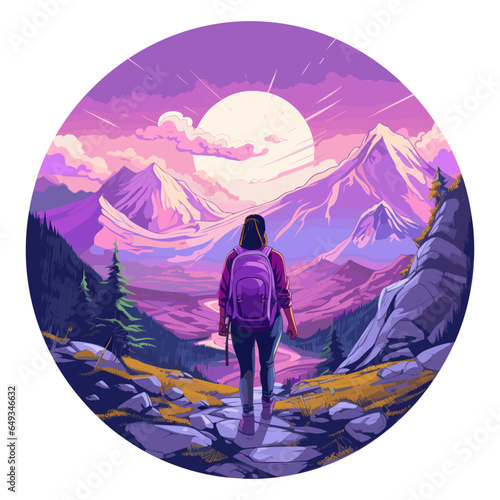Hiker person hiking or trekking with backpack walking in mountain forest outdoor wilderness landscape, vector illustration