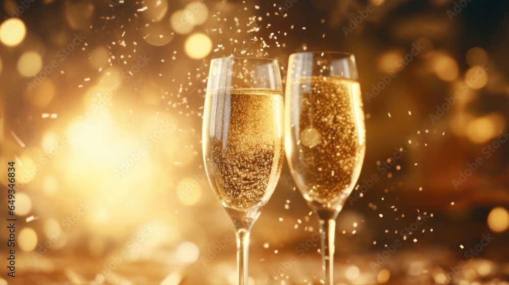 Two glasses of champagne over blur spots lights background. Two glasses of champagne over blur spots lights background.