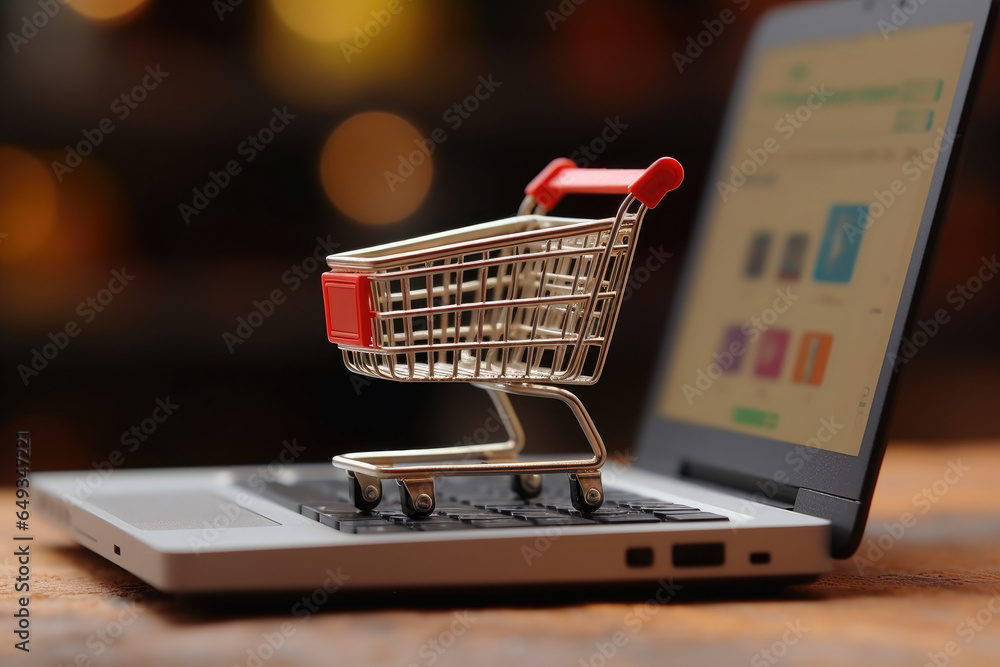 shopping cart on open laptop. online shopping concept. ai generative