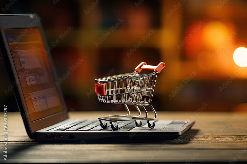shopping cart on open laptop. online shopping concept. ai generative