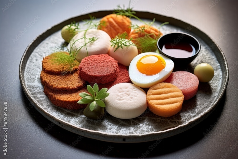 an Oden platter containing daikon radish, processed fishcakes, and konjac, beautifully arranged on a ceramic plate