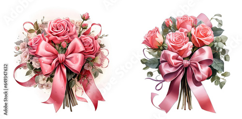 Fototapeta Naklejka Na Ścianę i Meble -  Watercolor bouquet of pink rose flowers tied with a bow ribbon, isolated on a transparent background. For wedding cards, covers, invitations, and clipart.