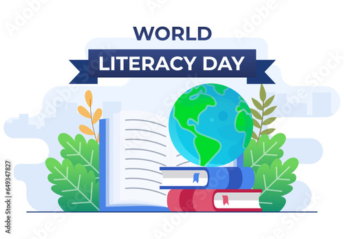 International Literacy Day flat vector illustration banner with opened book and globe, 8th September, Reading books, World Literacy Day celebration, Happy Literacy Day!