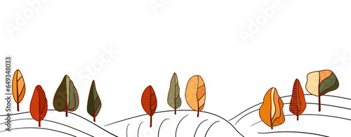 White background with autumn trees and hills. Ink lines. Back to school. Hello, Autumn. Place for placing text.