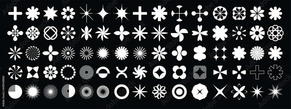 Fototapeta premium Geometric abstract flower shape vector set, funky star figure icon kit, retro brutal minimal art. Simple Memphis y2k elements collection, floral grid flat bauhaus template. Abstract flower forms