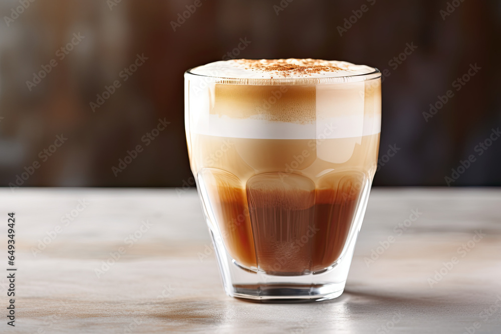 close up of a latte in glass close up of a latte in glass