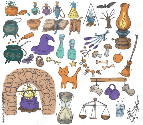 Halloween set holiday doodle cute pictures hand drawn coloring pages ghost pumpkin broom cobweb autumn leaves