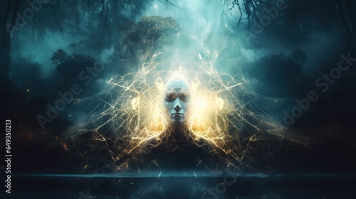 Sparkling thought energy around the person’s head in a dark landscape. Surreal concept of consciousness, creativity, and altered states of mind.