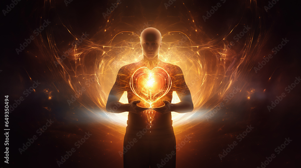 Glowing energy in the heart of a person. Concept of soul, love, kindness, spiritual practice, meditation, and energy work. - obrazy, fototapety, plakaty 