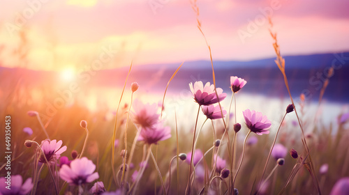 beautiful colorful meadow of wild flowers floral background, landscape with purple pink flowers with sunset and blurred background, Soft pastel Magical nature copy space