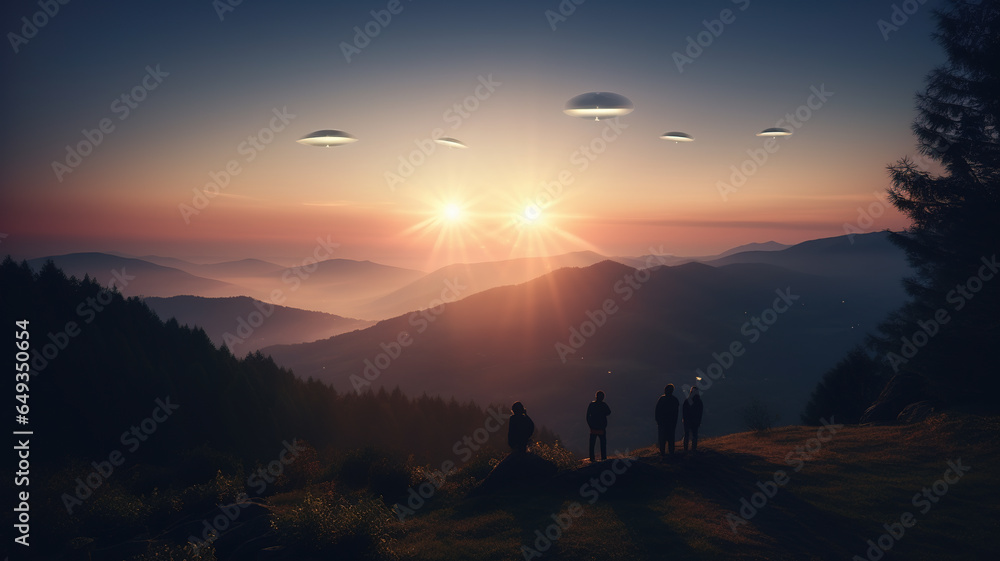 People in the mountains observing mysterious lights in the sky at sunset. Flying saucers making contact with a group of hikers in a national park.