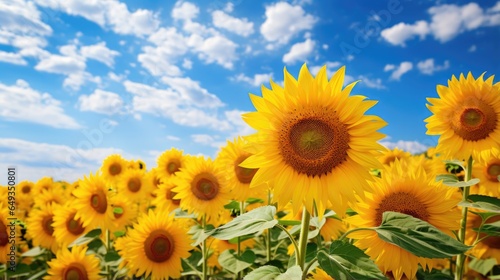 Sunflowers field and blue sky with white clouds. Beautiful agriculture field with yellow flowers. Rural landscape in south of Ukraine.