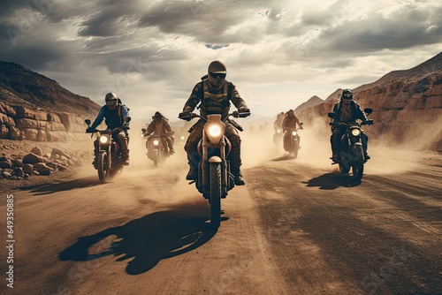 Collective of motorcyclist cruising Together. Group of bikers man riding speed motorcycle on empty motion road against beautiful golden sunset with dusky sky. Motorbike sports riding fast and having