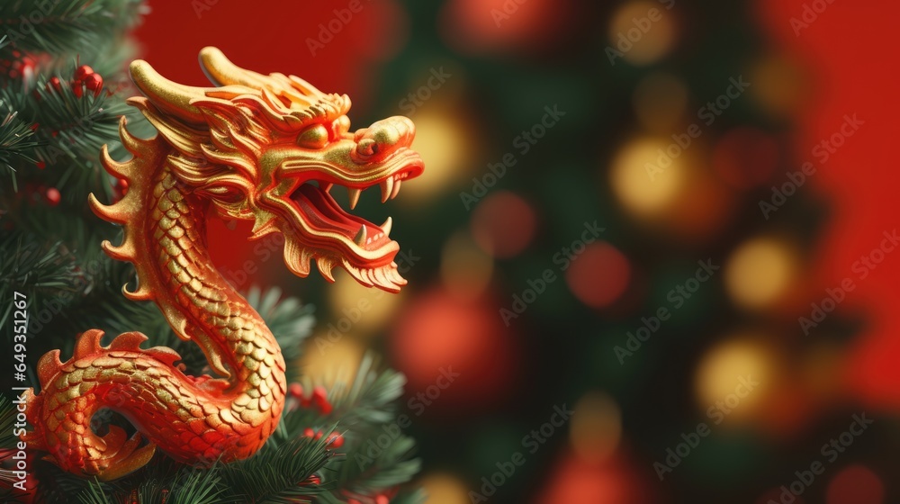 Chinese dragon on a Christmas background. Holiday banner. New Year 2024 Chinese dragon on a Christmas background. Holiday banner. New Year 2024
