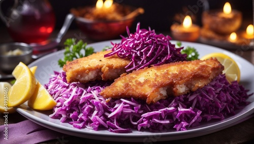 Fish fry with red cabbage in the evening.

