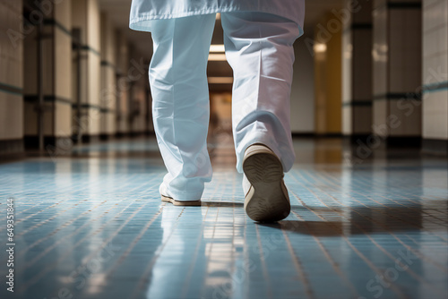 Close up generative AI image of a man in a lab coat and footwear walking down a hallway © Tetiana