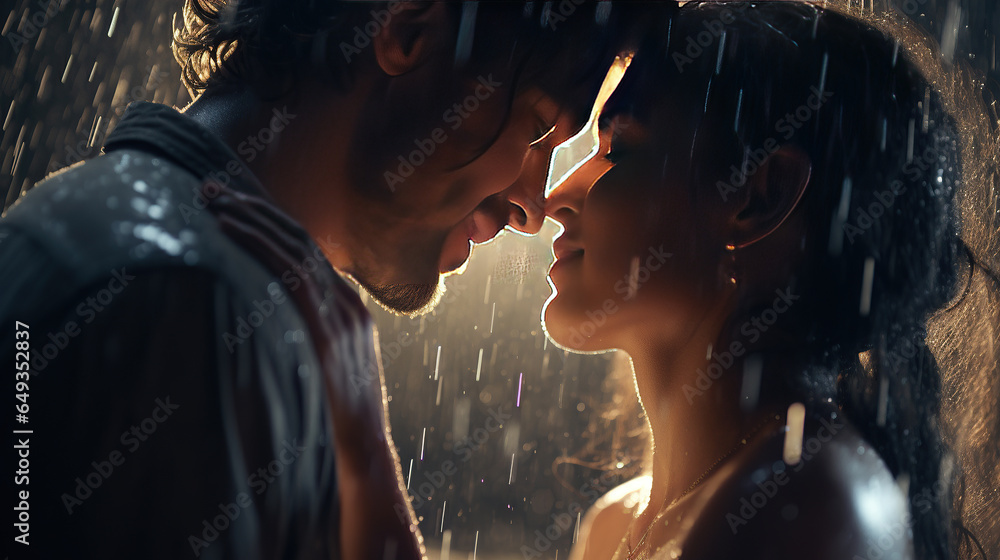 Couple sharing passionate kiss in rain, showcasing deep emotional connection, authenticity, and romantic love. A profound moment of emotional intimacy.