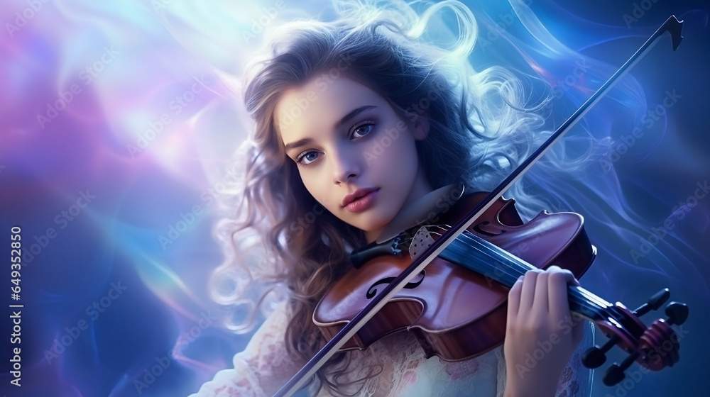 Beautiful girl playing violin in neon light