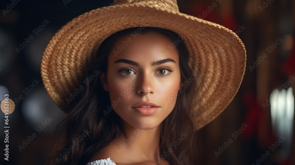 Beautiful young girl in straw hat. Close-up Beautiful young girl in straw hat. Close-up