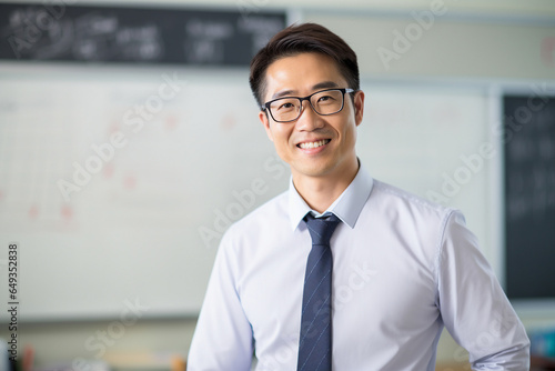 Picture made with generative AI photography of happy successsful man standing in a contemporary office looking at camera photo