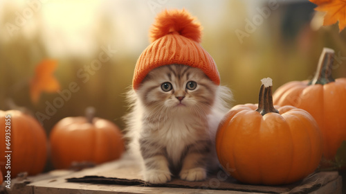 Cute kitten in a knitted hat with a pom-pom among orange pumpkins on the background of the autumn forest