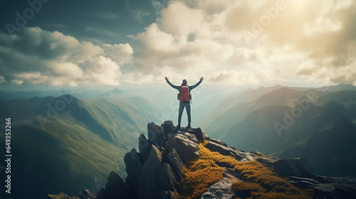 Hiker triumphantly standing at a mountain summit  embodying achievement and success  with a breathtaking view of nature s grandeur.