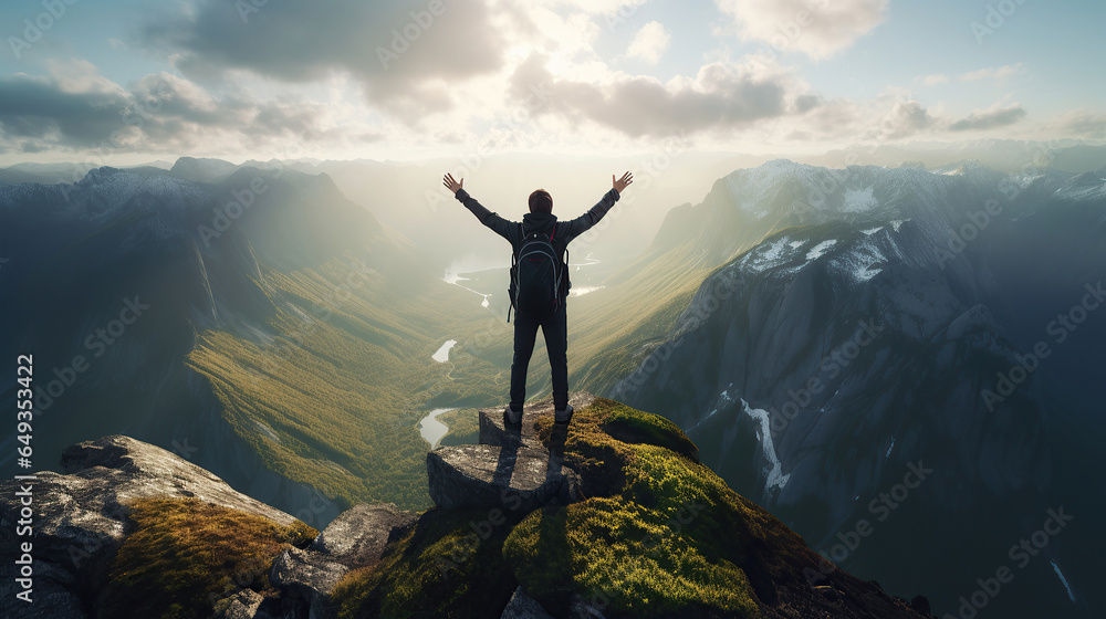 Hiker triumphantly standing at a mountain summit, embodying achievement and success, with a breathtaking view of nature's grandeur.