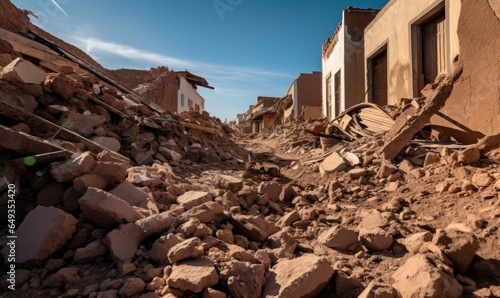 City destroyed by an earthquake. Ruined buildings houses that collapsed from an earthquake. Catastrophic zone. Emergency and earthquake victims in Turkey, Morocco, Pakistan, Iran, Syria.