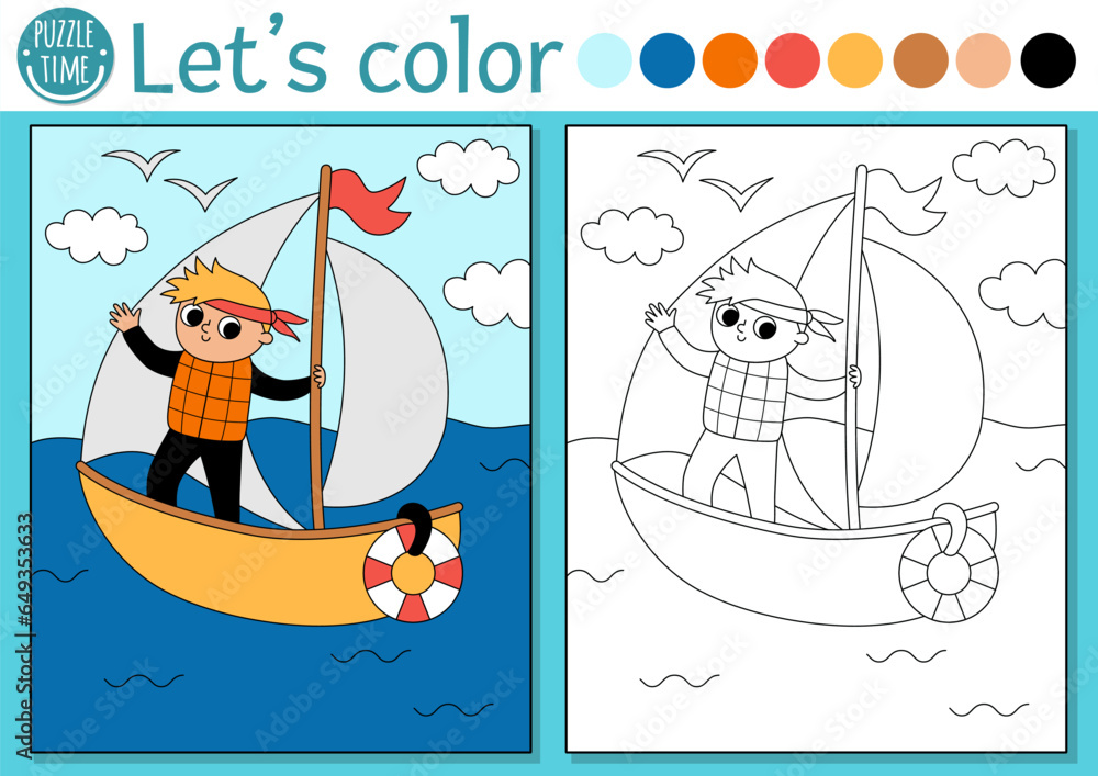 Transportation coloring page for children with sailboat and sailor ...