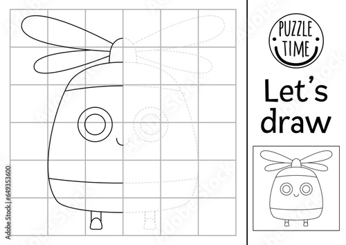 Complete the helicopter picture. Vector transportation symmetrical drawing practice worksheet. Printable black and white activity for kids. Copy the picture transport coloring page.