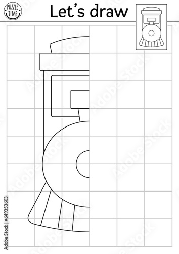Complete the train picture. Vector transportation symmetrical drawing practice worksheet. Printable black and white activity for kids. Copy the picture transport coloring page with engine.