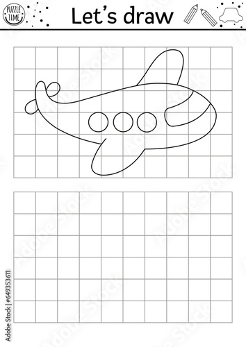 Draw the plane. Vector transport drawing practice worksheet. Printable black and white activity for kids with airplane. Air transportation copy or complete the picture coloring page with aircraft.